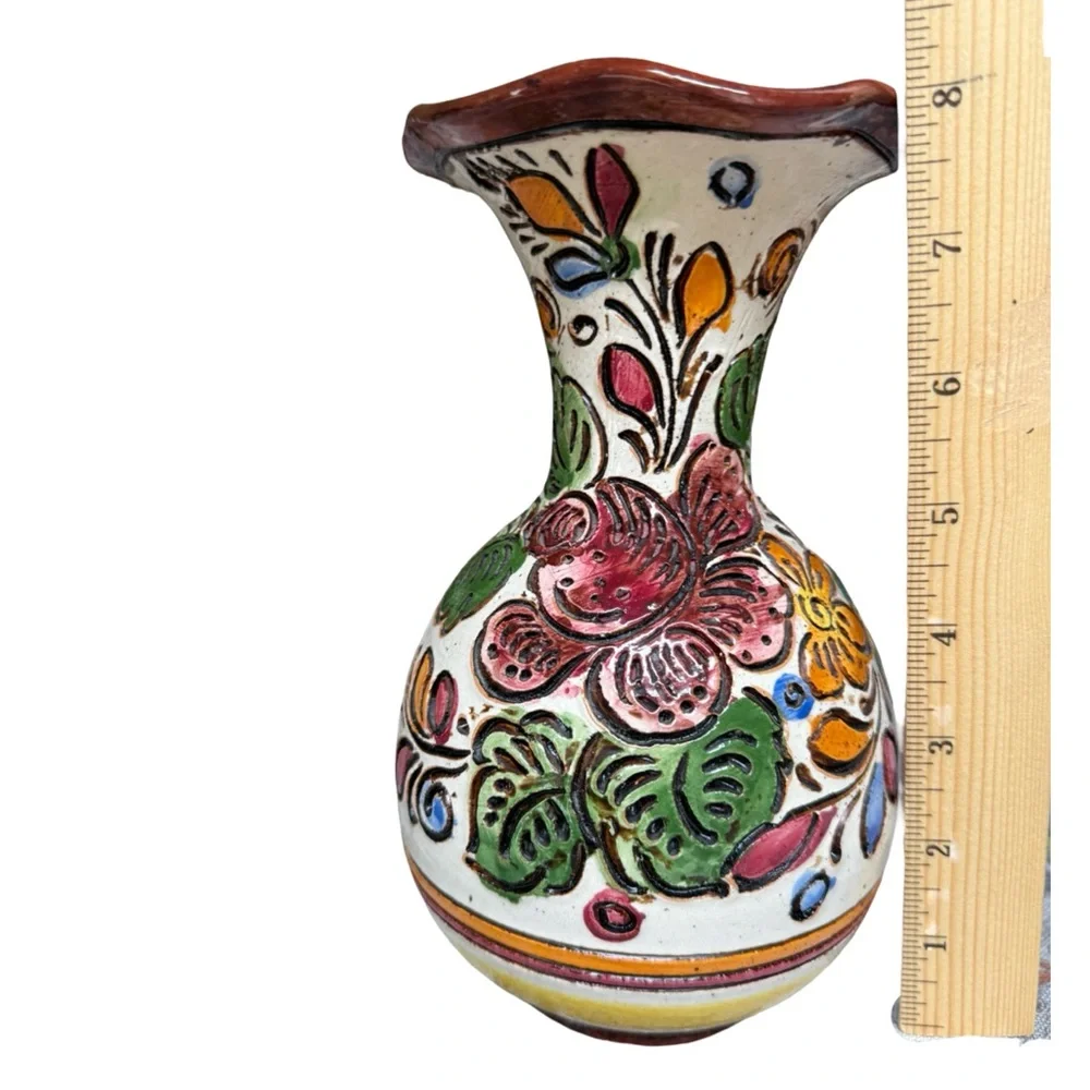 Vintage Hand Painted Italian Pottery 8” Vase with Floral Design